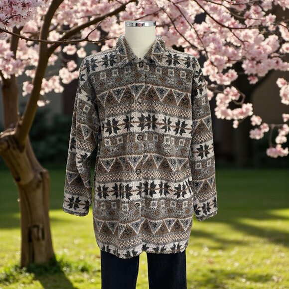 Vintage Palmettos Aztec Sherpa Fleece Jacket L Southwestern Winter Grunge Cozy - Picture 1 of 9